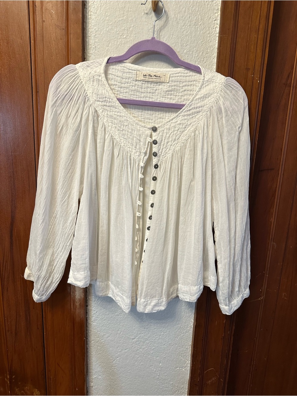 We The Free Ivory Smocked Yoke Button-Front Peasant Blouse